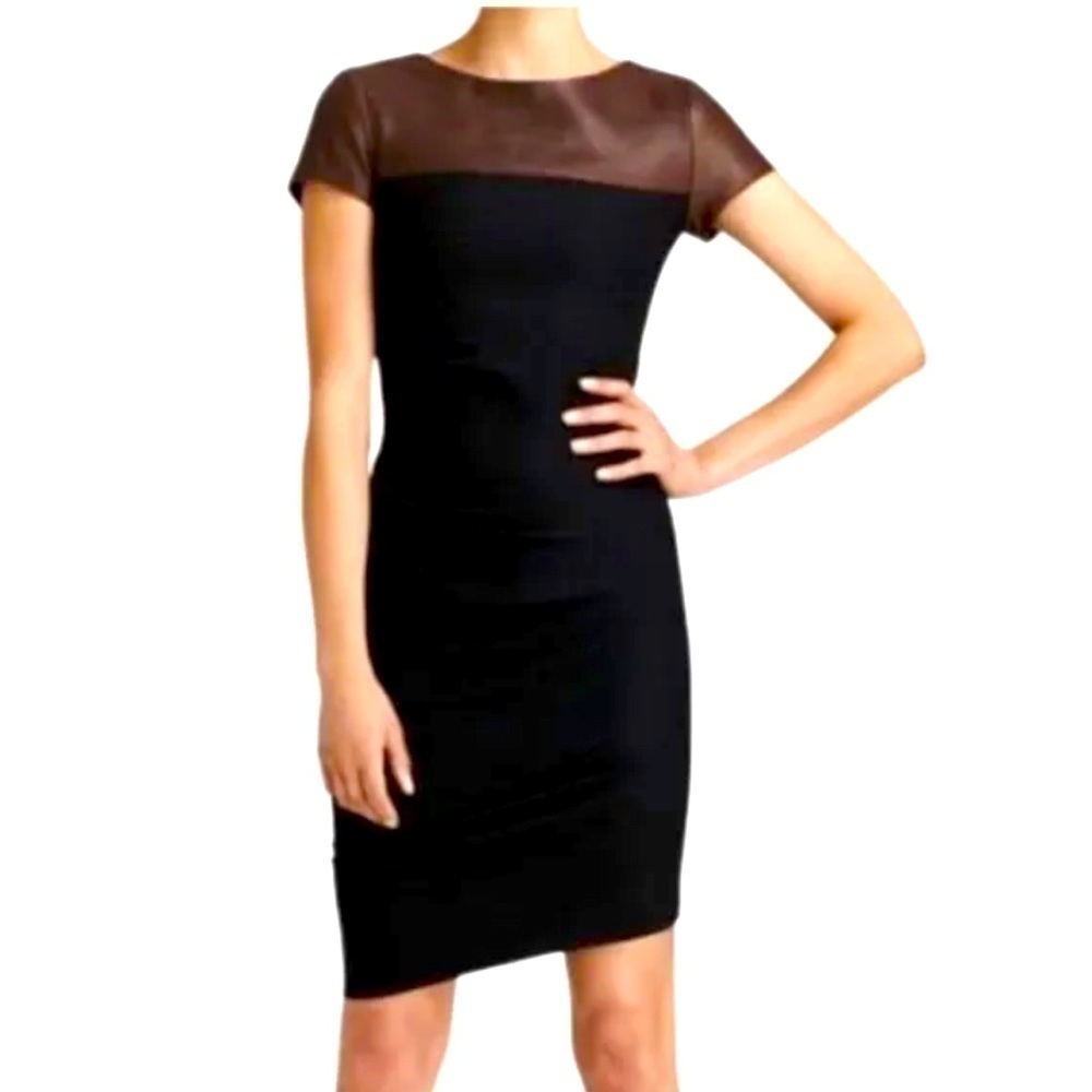 HALSTON HERITAGE BLACK & BROWN SHORT SLEEVE RUCHED LEATHER & WOOL DRESS